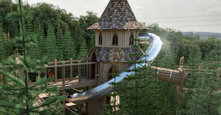 Artist impression of forest adventure playground - child running through treetop wooden playground towers.